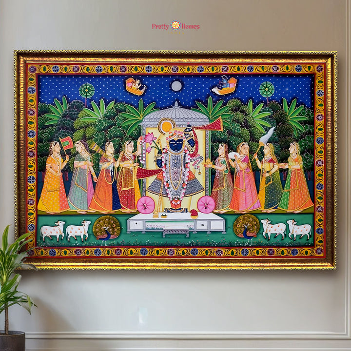 handpainted horizontal pichwai painting with gopikas scene