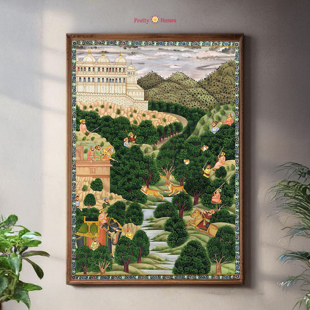 handpainted vintage hunting pichwai painting with royal scene