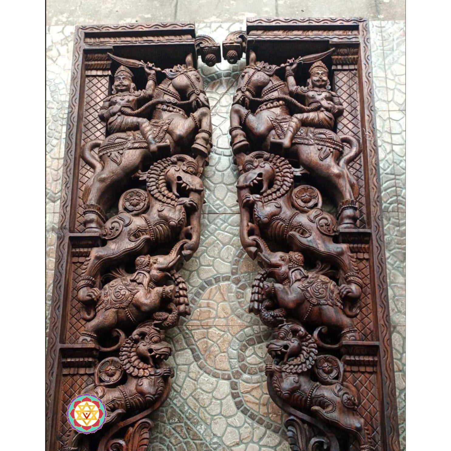 Front view of carved wooden wall brackets with detailed warrior and animal motifs — antique polish, temple-style architectural art