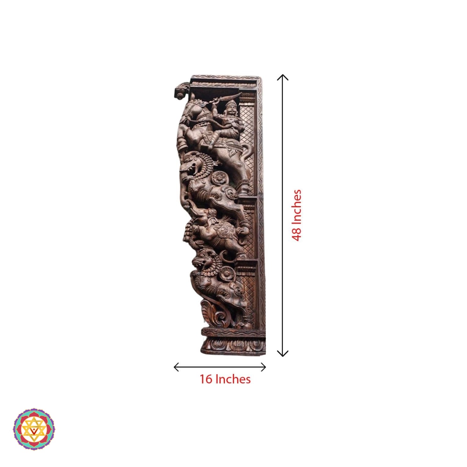 Side view of architectural wooden brackets — intricate carving with warrior figure and antique brown gold finish