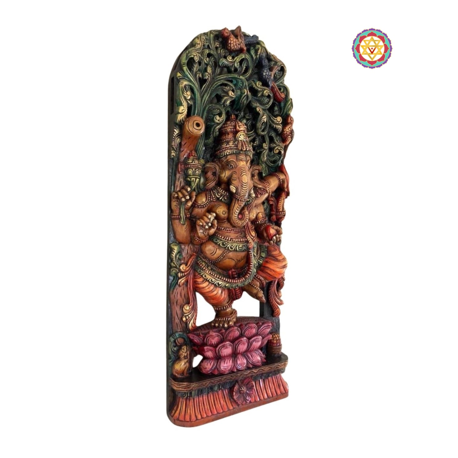 Front view of dancing Ganesha wood carving under ornate canopy — intricate detailing, handcrafted traditional sculpture