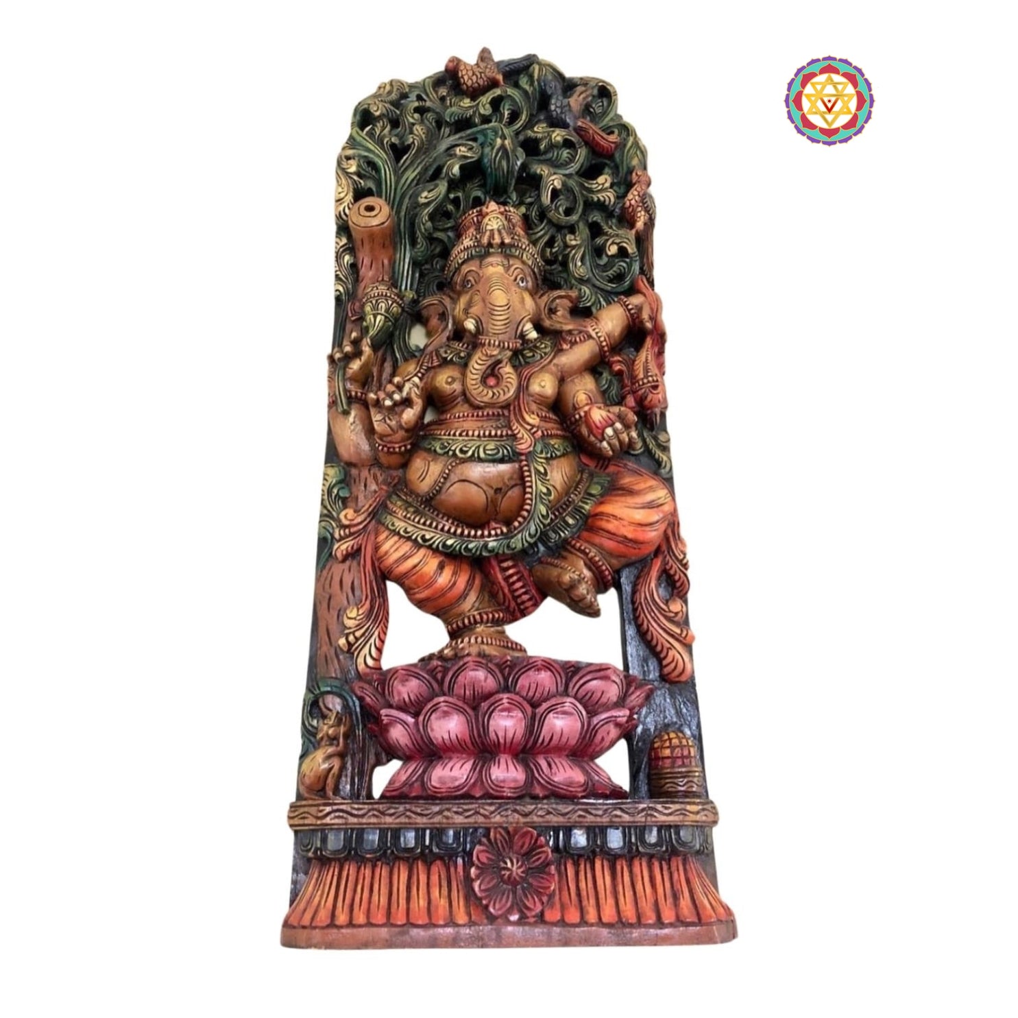 Side view of dancing Ganesha under canopy — antique brown finish, detailed craftsmanship and rhythmic carving