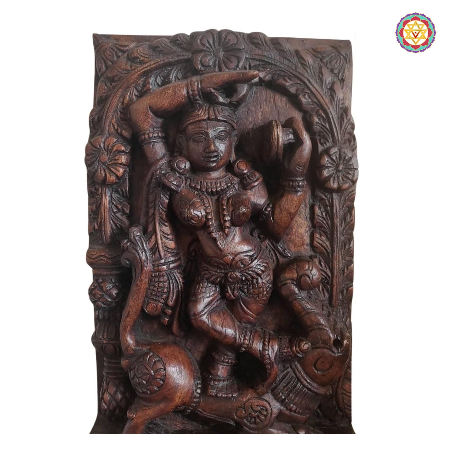 Front view of Apsara wooden carving — graceful posture and fine robe detailing, traditional hand-polished finish