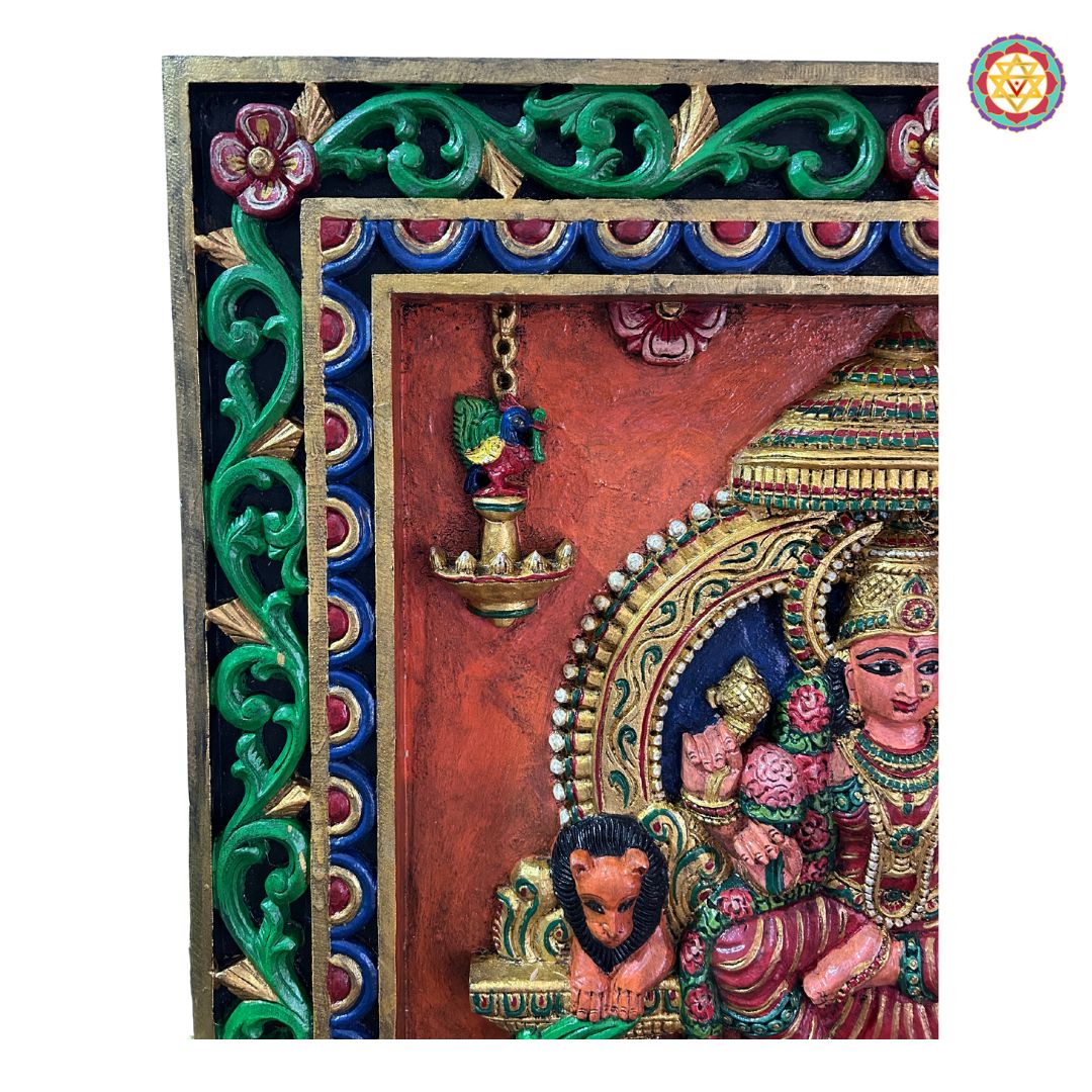Front view of Rajrajeshwari Devi wooden wall panel — intricately carved goddess figure with ornate prabhavali frame