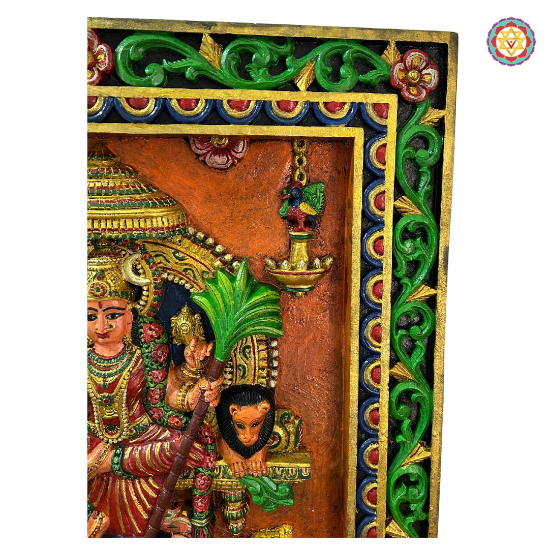 Close-up of hand-carved Devi Rajrajeshwari face and jewelry — teak wood craftsmanship with antique gold brown finish