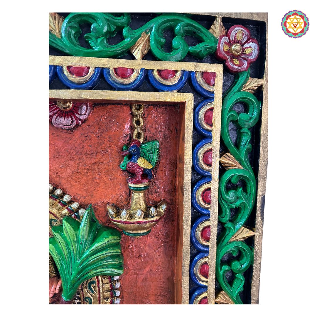 Detailed close-up of goddess carving — fine handwork and polished antique detailing, spiritual wall art decor