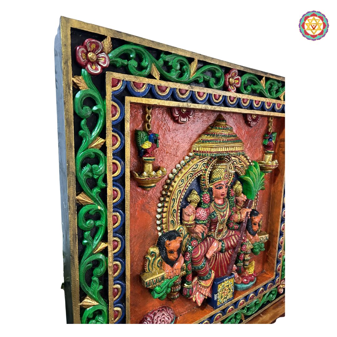 Rear view of carved Rajrajeshwari wall frame — smooth teak wood finish, temple-style craftsmanship