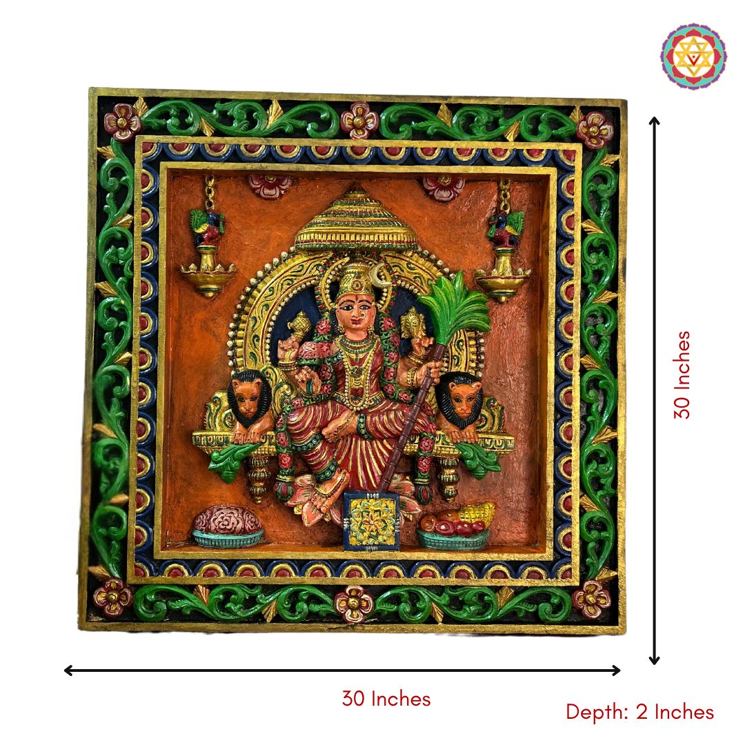 Full view of Sri Lalitha Tripura Sundari Devi panel — hand-carved teak wood masterpiece, traditional Indian spiritual wall art
