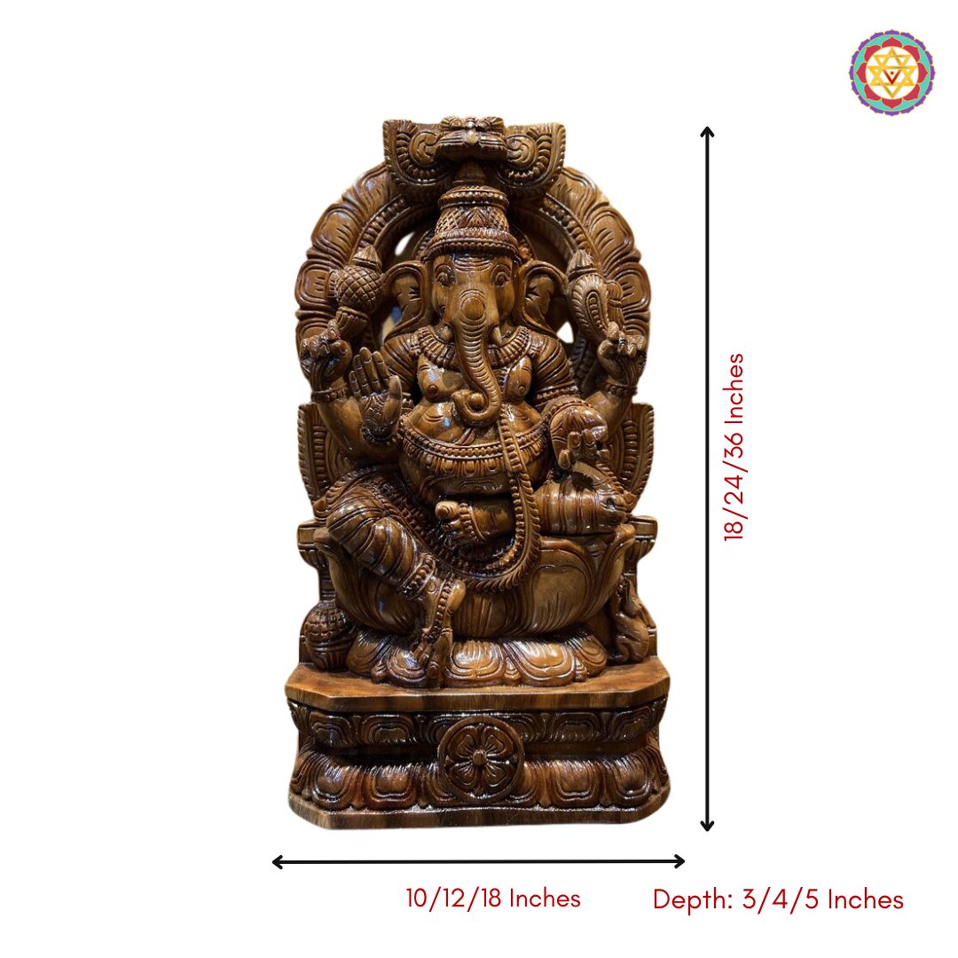 Side profile of Ganesha wooden statue — smooth polished teak wood carving, traditional Indian temple art decor