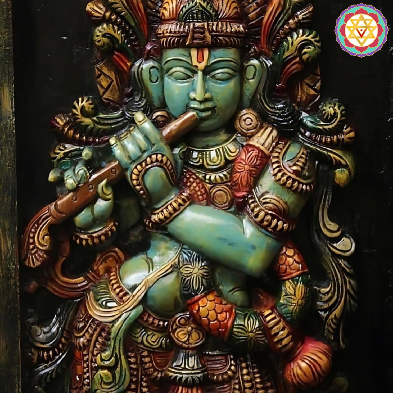 Close-up of Krishna carved frame showing intricate details and hand-painted accents — spiritual wall decor piece