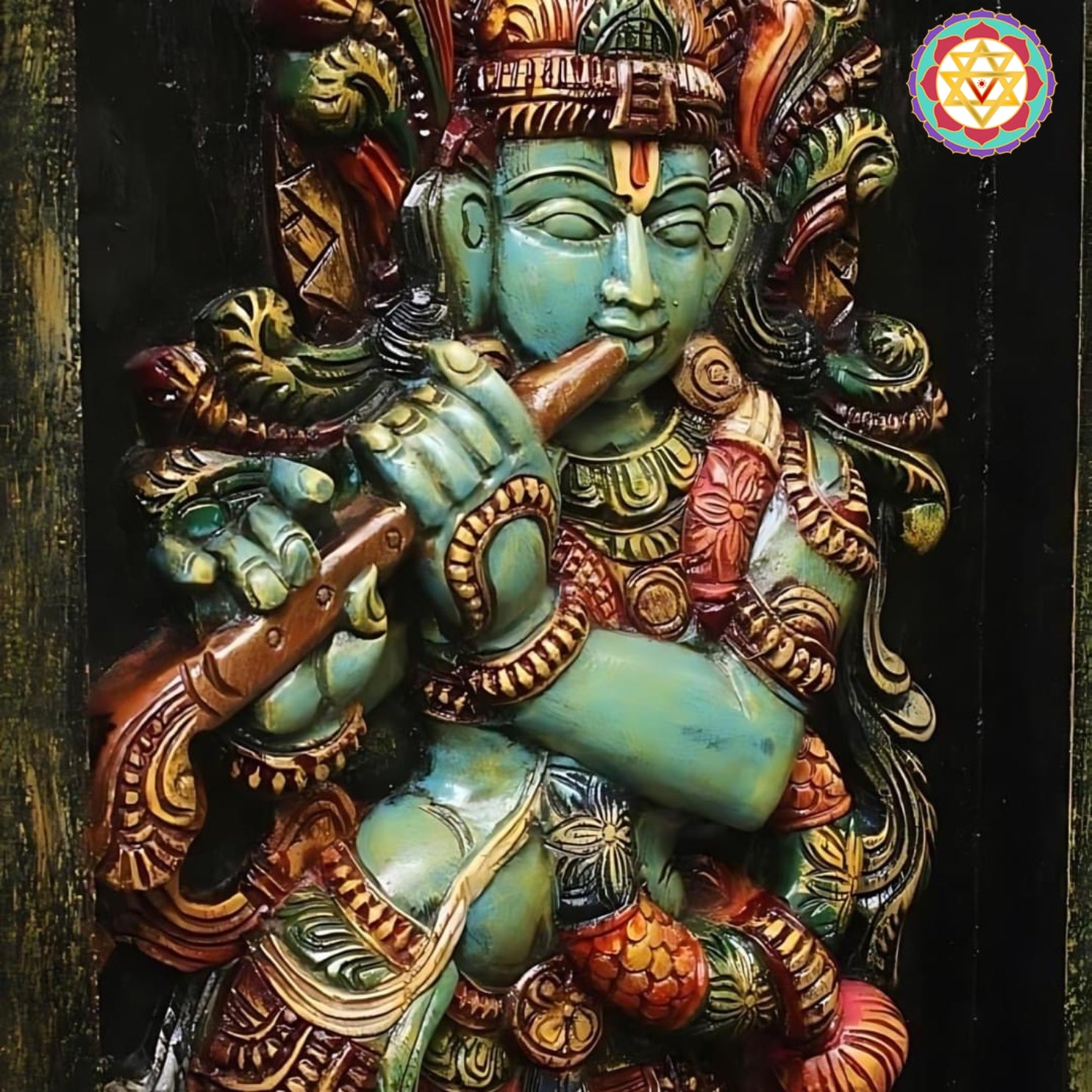 Side view of vintage wooden Krishna frame — ornate border design, handcrafted for pooja or living room decor