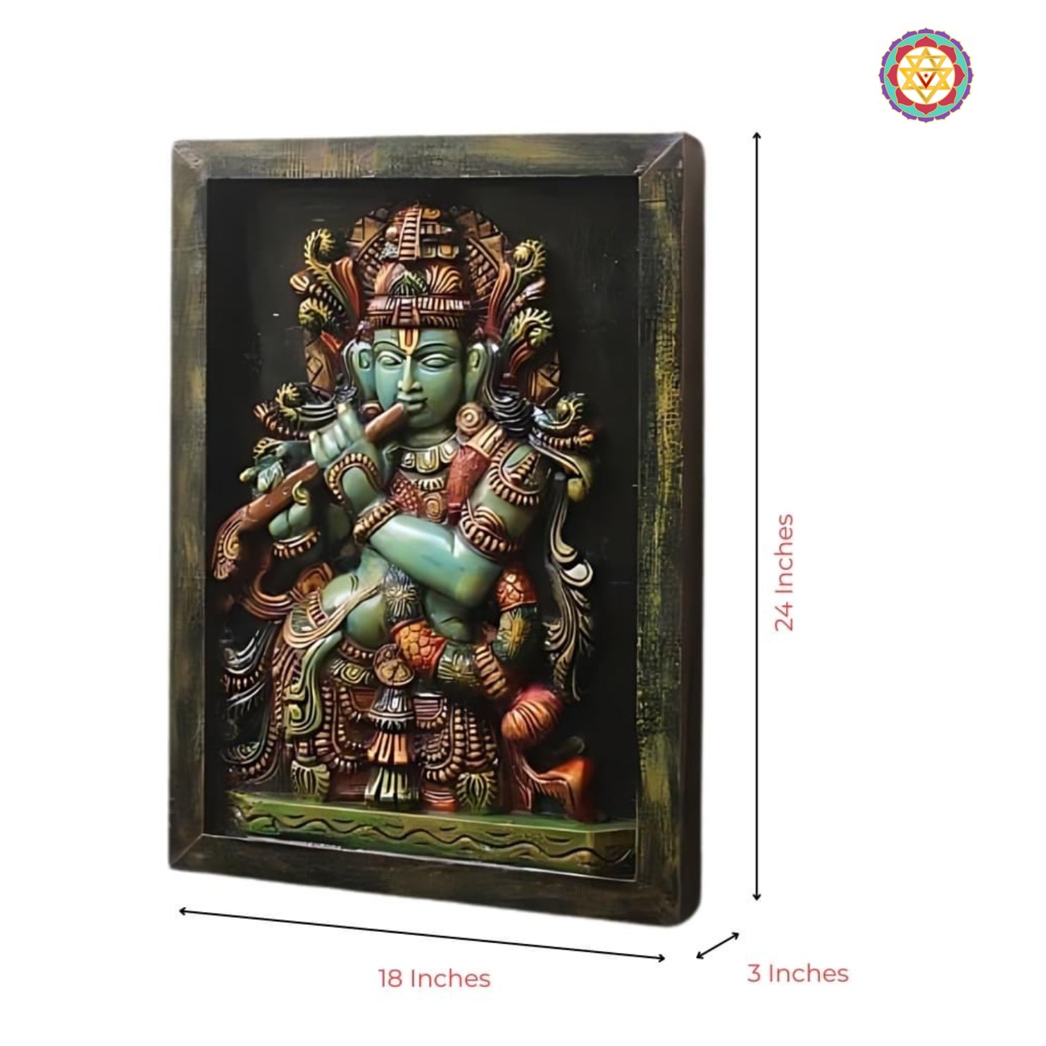 Angled view of Krishna wood-carved frame on wall — traditional Indian art, antique finish for elegant home interiors