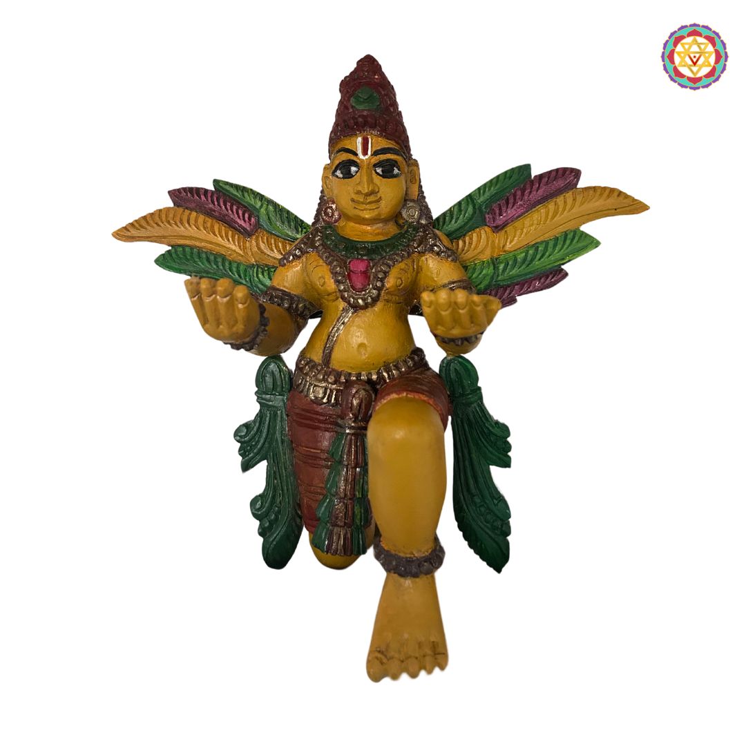 Front view of Garuda wooden statue seated in meditation — detailed carving and gold brown antique polish finish for pooja room display