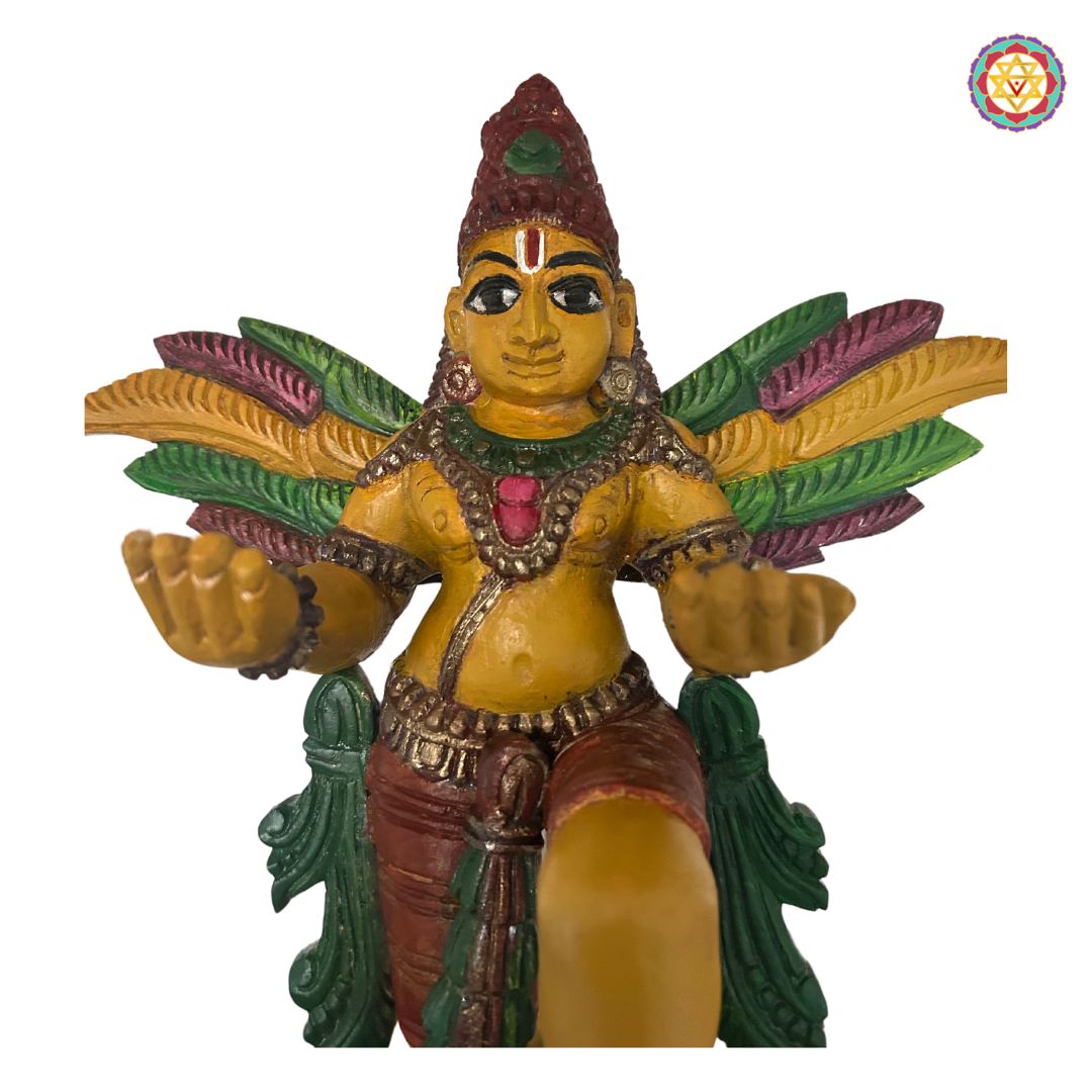 Rear view of Garuda wooden statue — carved wings and base pattern, hand-finished antique brown polish