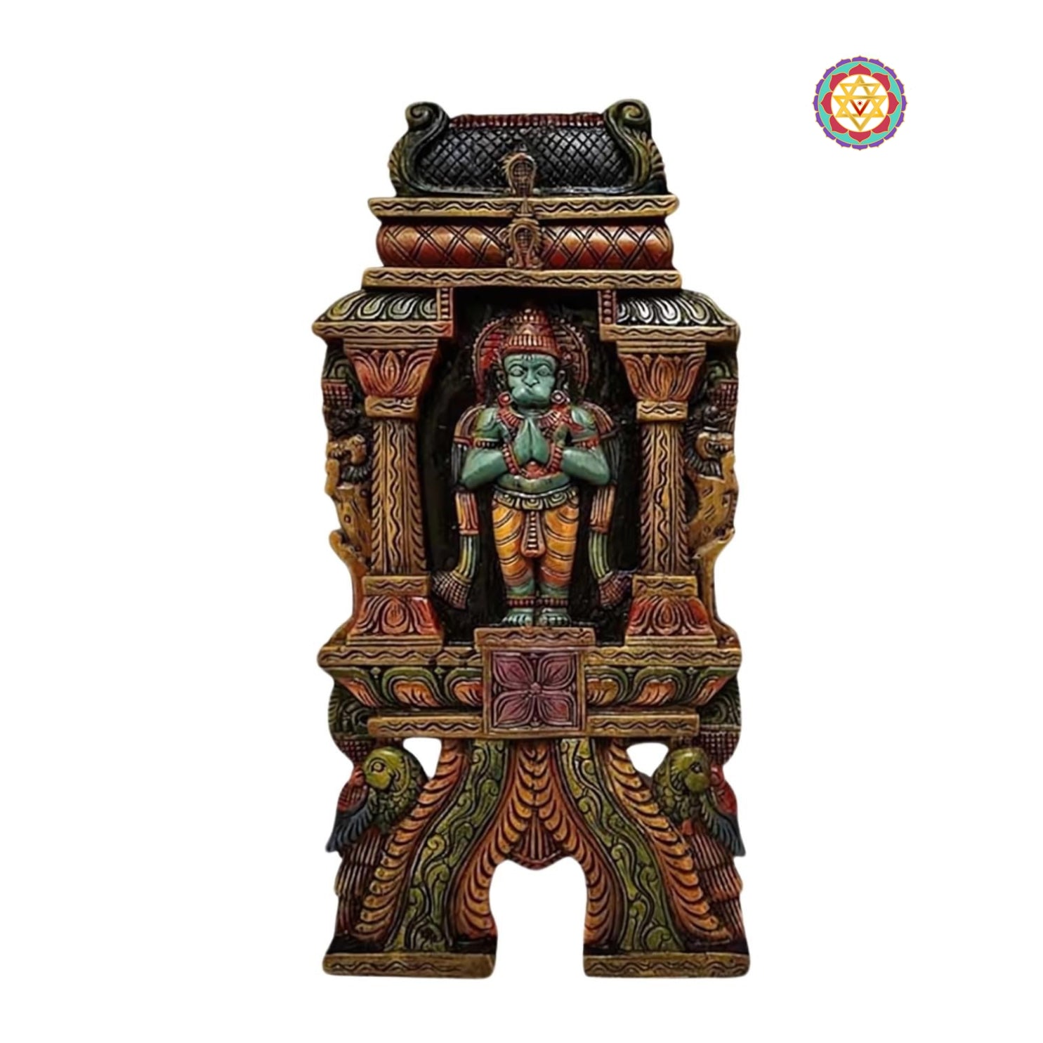 Front view of wooden Hanuman Lakshmi wall panel — intricate carving with detailed prabhavali and lotus base design