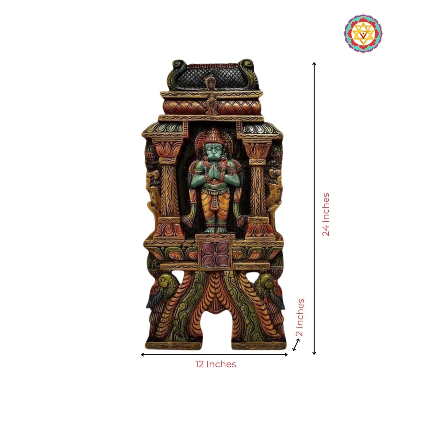 Close-up of carved Hanuman Lakshmi panel showing facial expressions and jewelry details — handcrafted traditional temple wall art