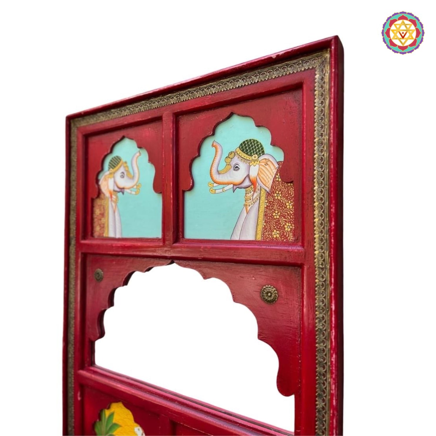 Close-up of jharokha arch showing brass motifs and multicolor hand-painting — elegant Rajasthani window design decor