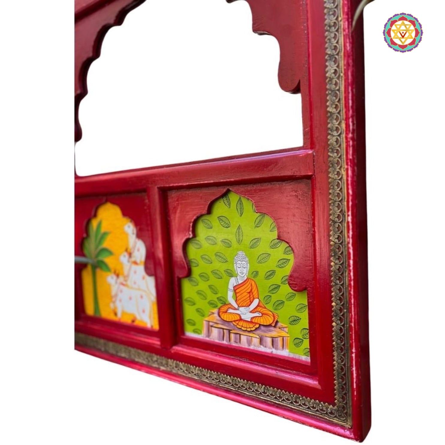 Side view of hand-painted wooden jharokha — antique polish with embossed brass inlay work for ethnic interiors