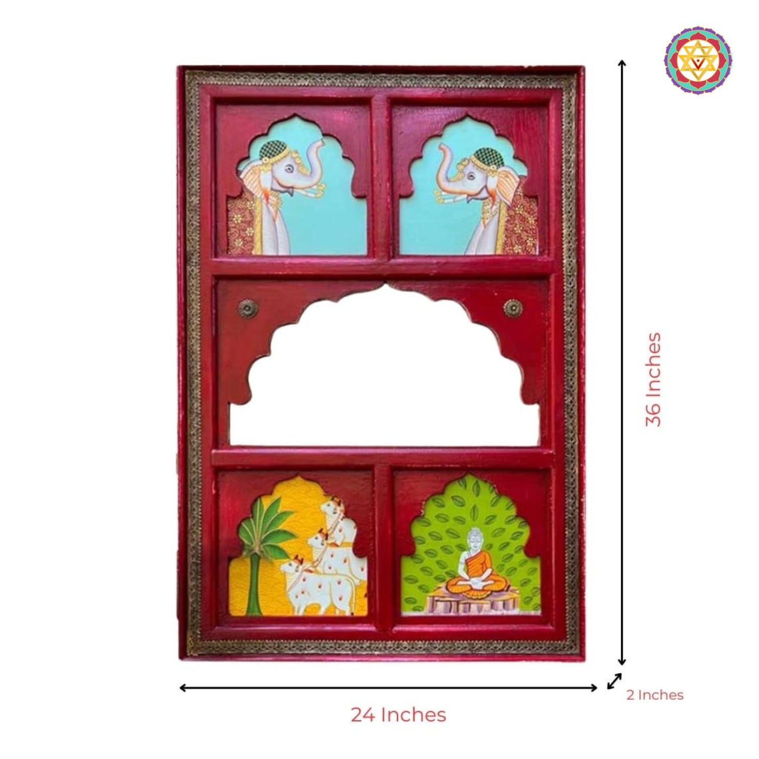 Detailed view of carved wooden jharokha window with brass frame pattern — handcrafted Indian home decor accent