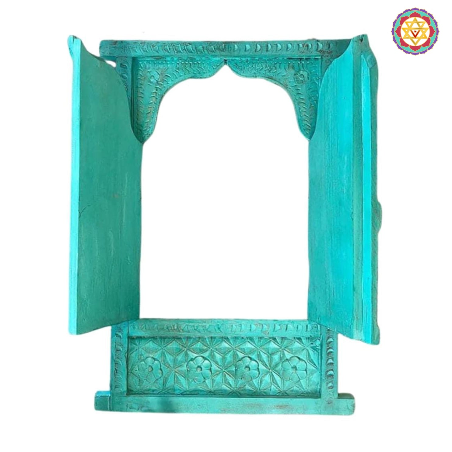 Side angle of handmade wooden window hanging — traditional Indian craftsmanship with hand-polished finish and brass inlay