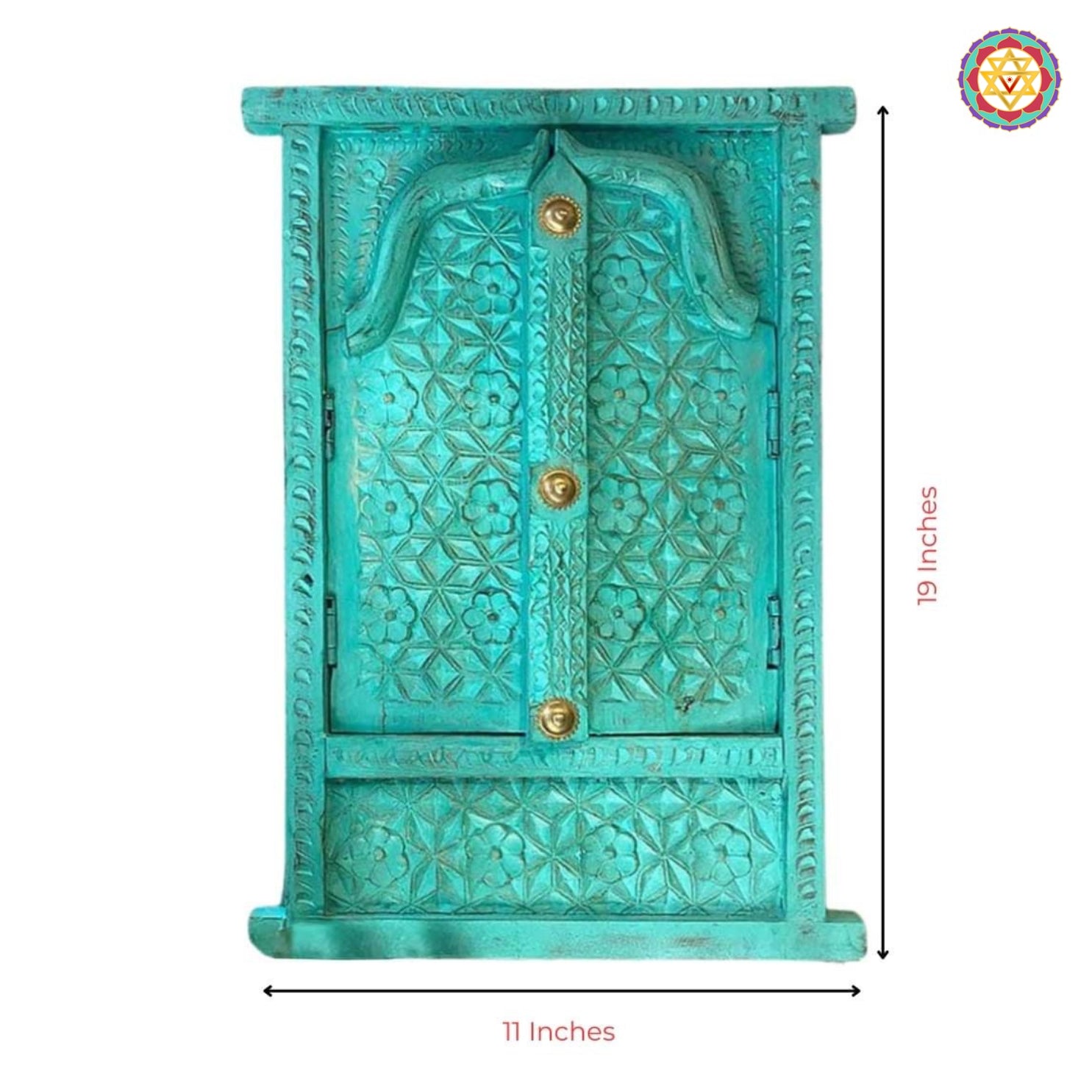 Detailed view of hand-carved decorative wall window with brass borders — handcrafted wooden decor for living or pooja room