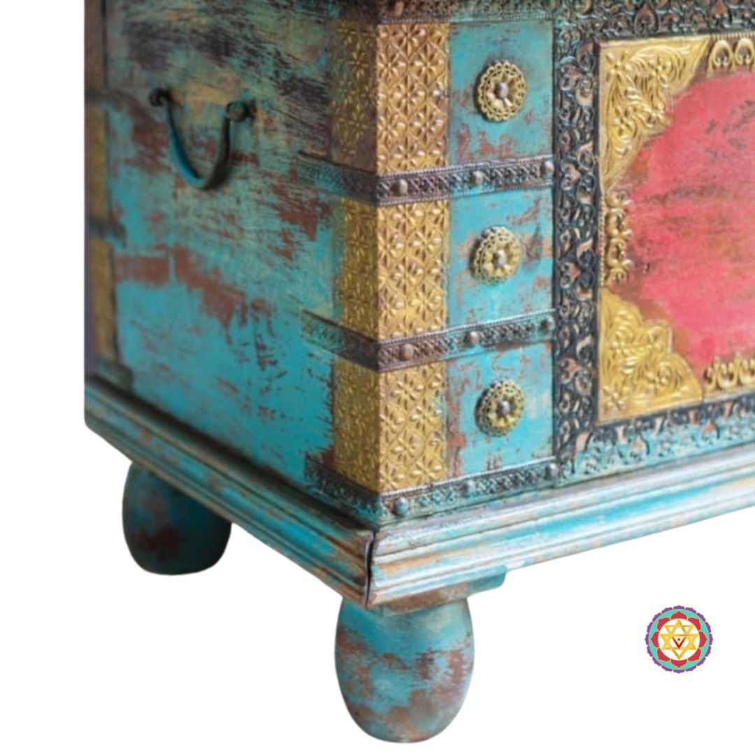 Side profile of red and blue wooden trunk — brass border detailing and rustic polish finish, Indian handcrafted decor