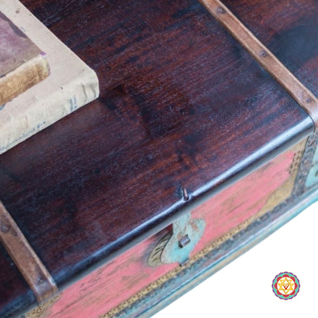 Red and Blue Wooden Chest/Trunk with Brass Work.