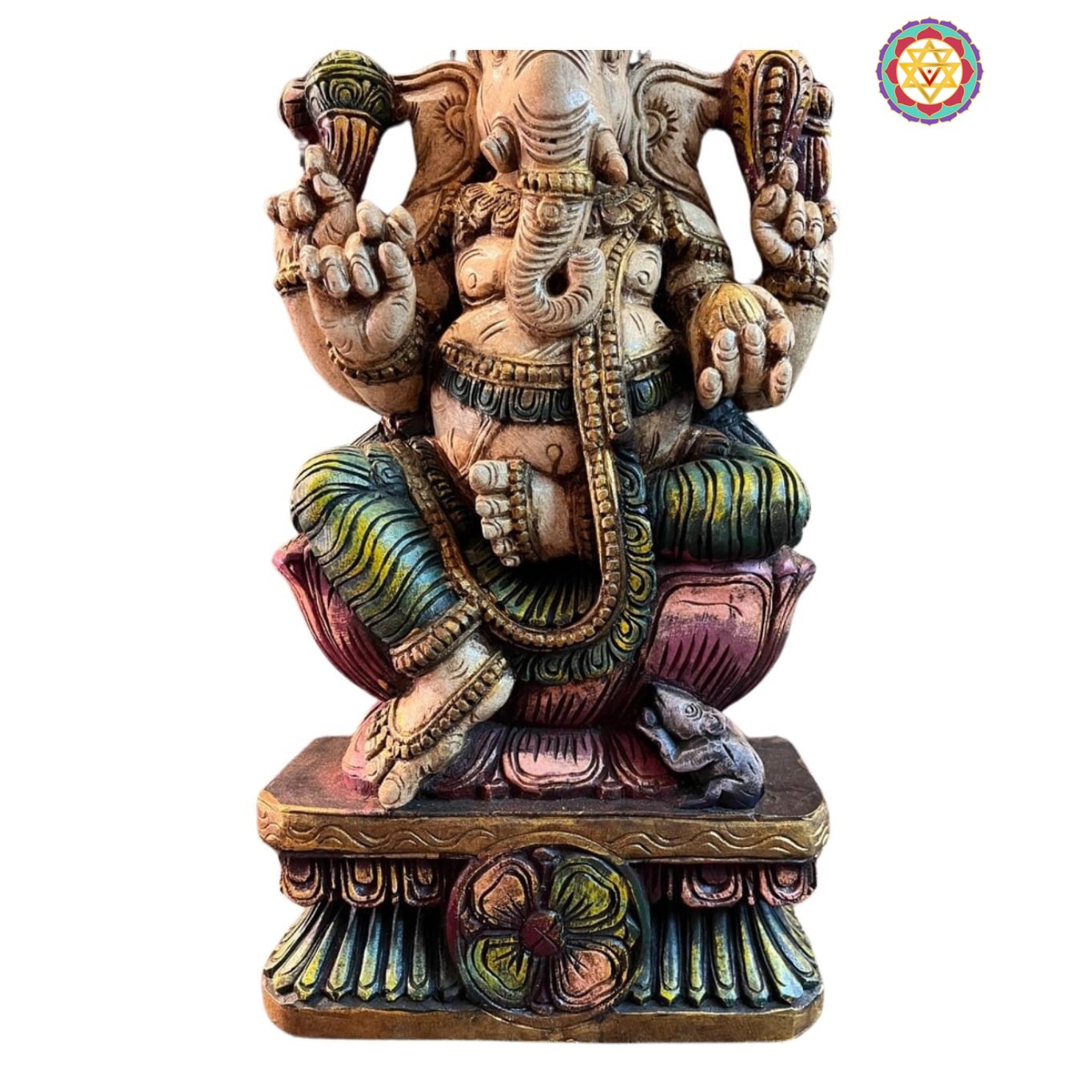 Front view of wooden Ganesha idol seated on base — detailed carving and traditional Indian craftsmanship