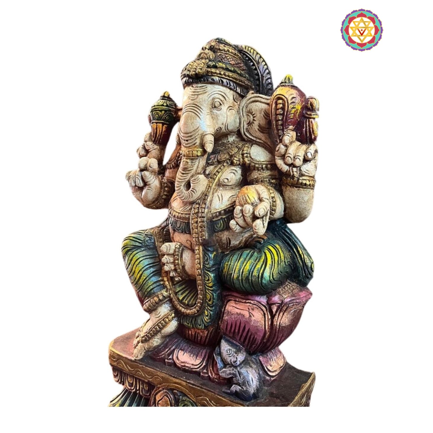 Close-up of Ganesha wooden sculpture showing facial features and ornament carving — handmade antique finish decor