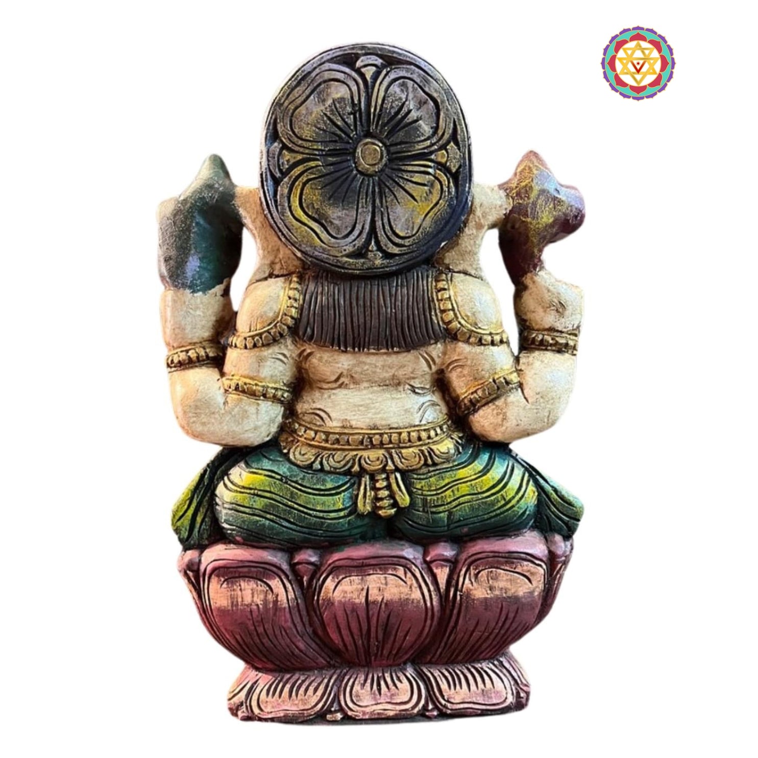 Rear view of Ganesha sculpture — carved back and robe detailing, hand-finished Indian wooden idol