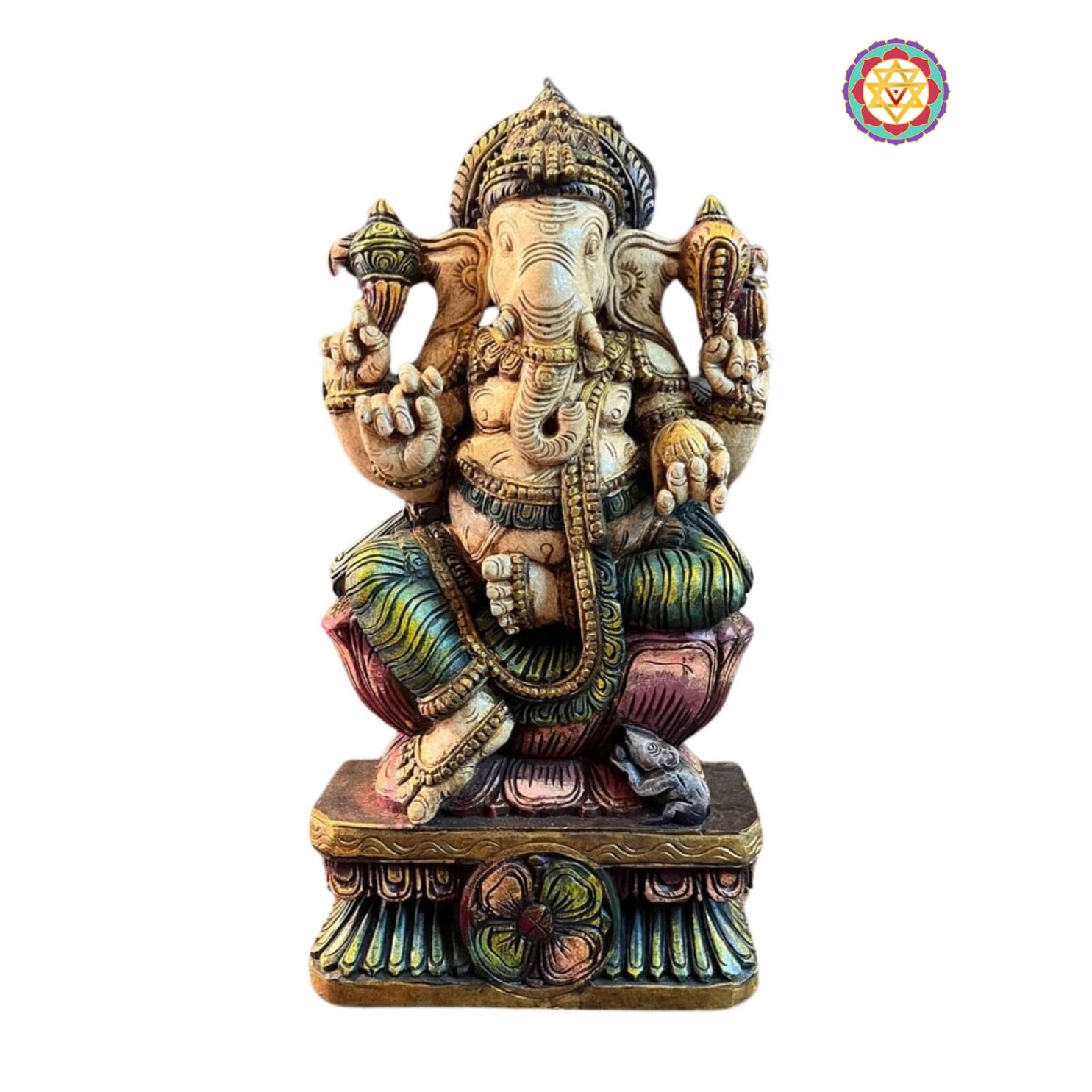 Detailed close-up of Ganesha wooden sculpture base and carving texture — artisan craftsmanship, traditional finish