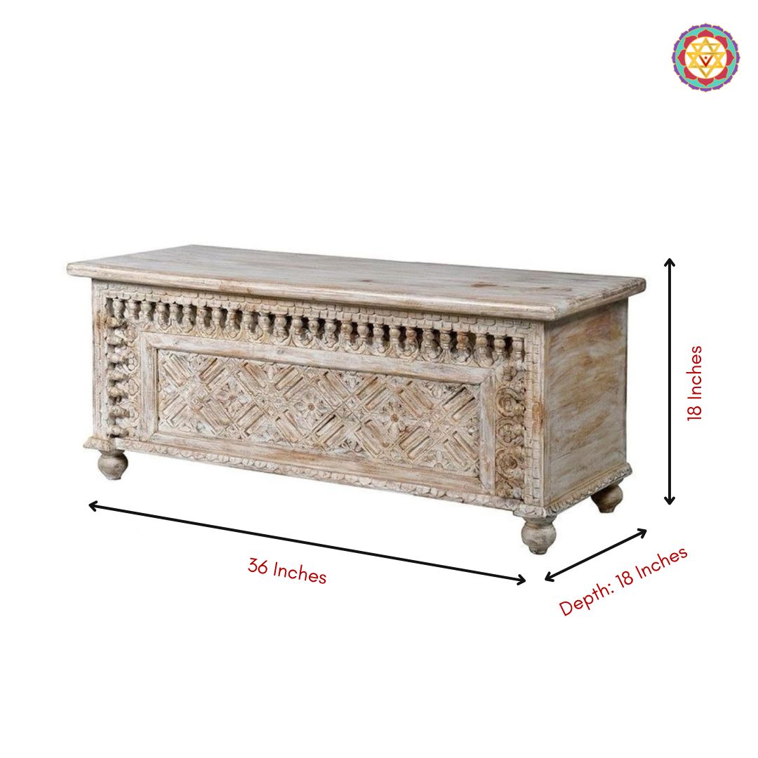 Detailed close-up of carved trunk base — teak wood craftsmanship and polished antique finish furniture piece