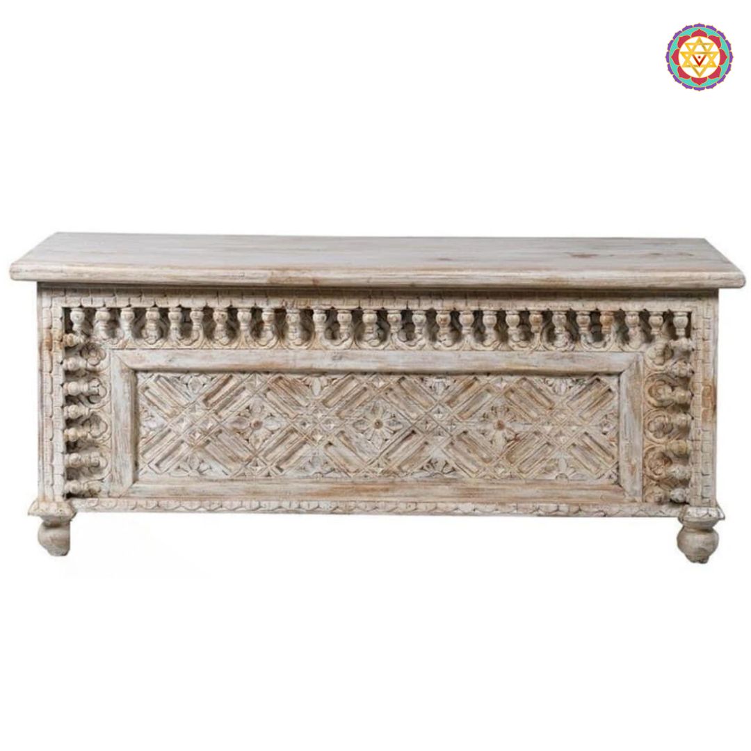 Top view of trunk coffee table — carved teak wood lid and metal hinges, antique rustic finish for home interiors