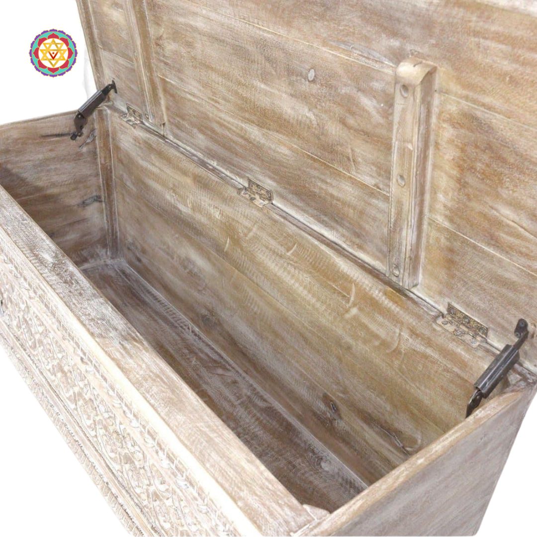 Angled view of spindle design trunk — wooden storage box coffee table with hand-polished antique surface