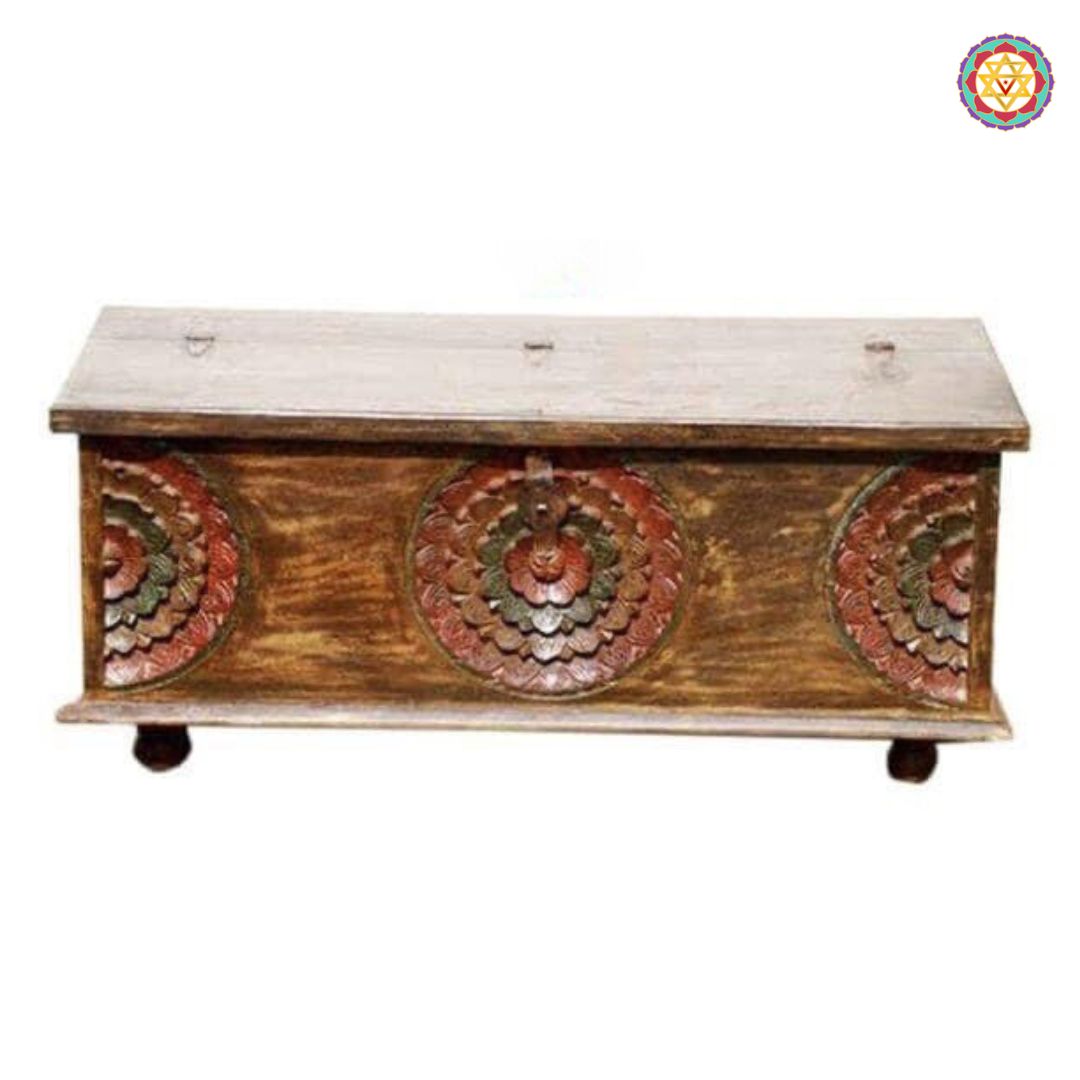 Front view of carved wooden trunk — floral motifs and panel carving, handcrafted ethnic design with antique finish