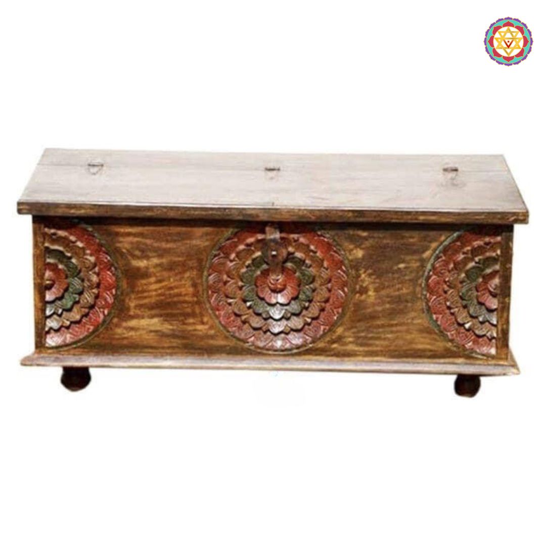Side profile of hand-carved wooden trunk — smooth finish with antique tone and classic heritage pattern