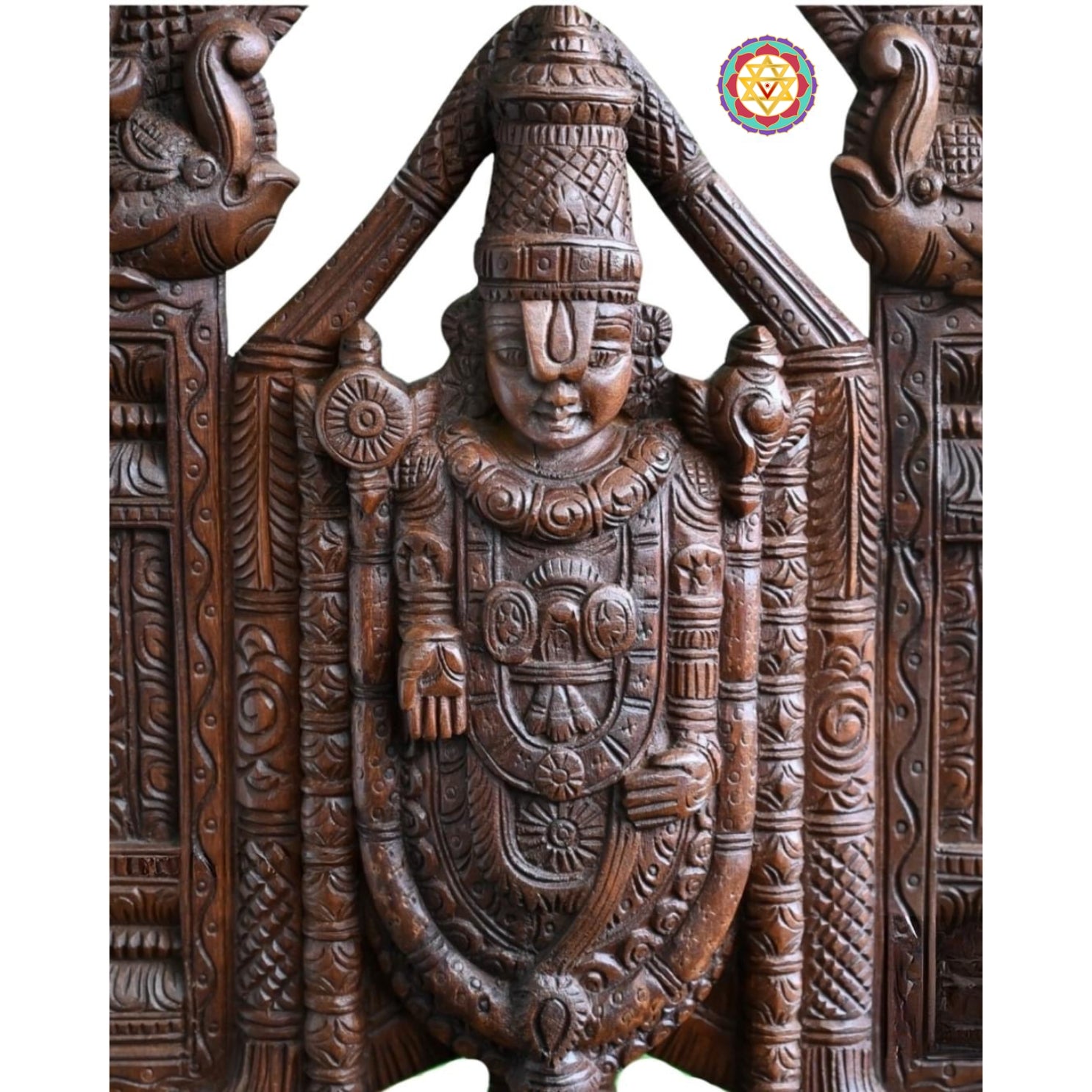 Front view of Tirupati Balaji wood carving with ornate prabhavali and floral motifs — handcrafted Indian religious art