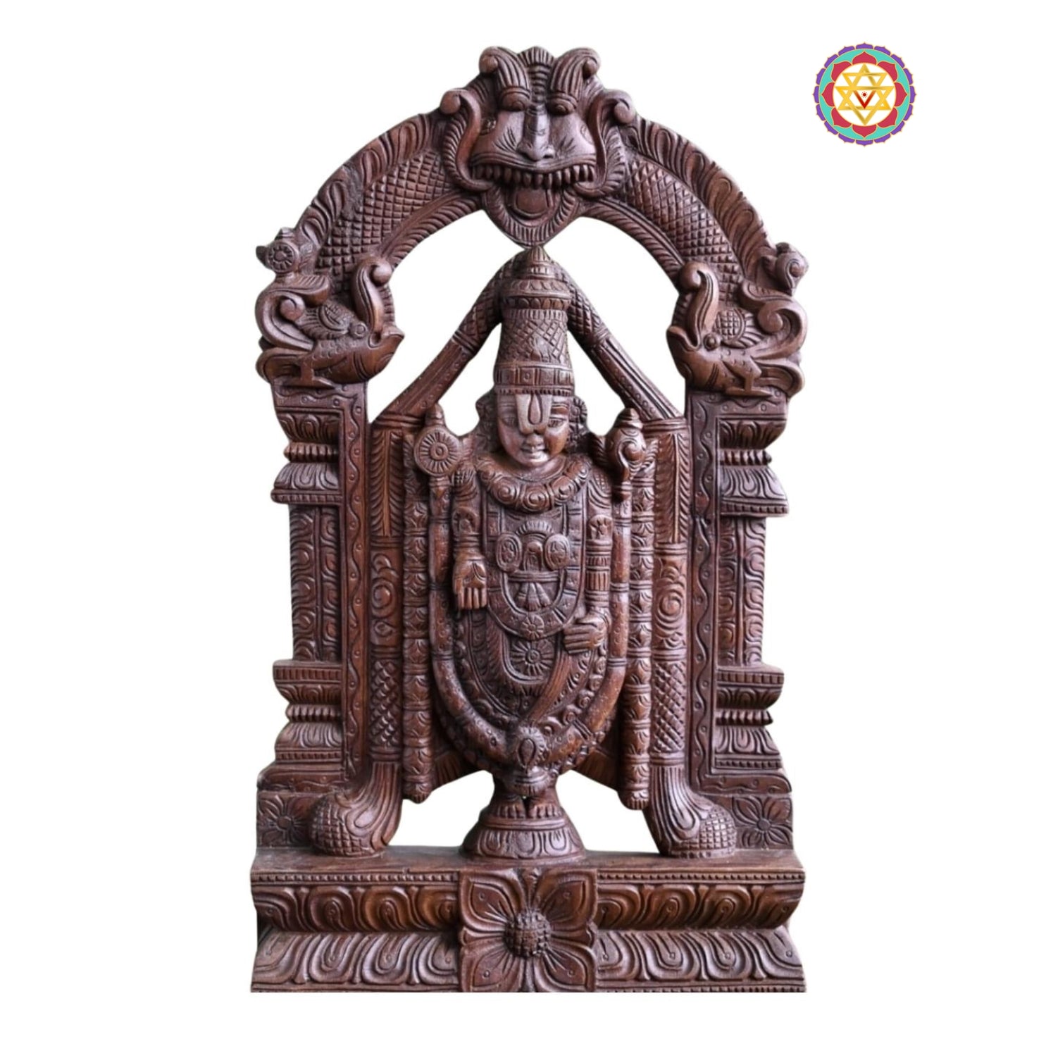Side view of Venkatesh Tirupati Balaji statue — intricate carving and layered prabhavali detailing in antique gold brown finish