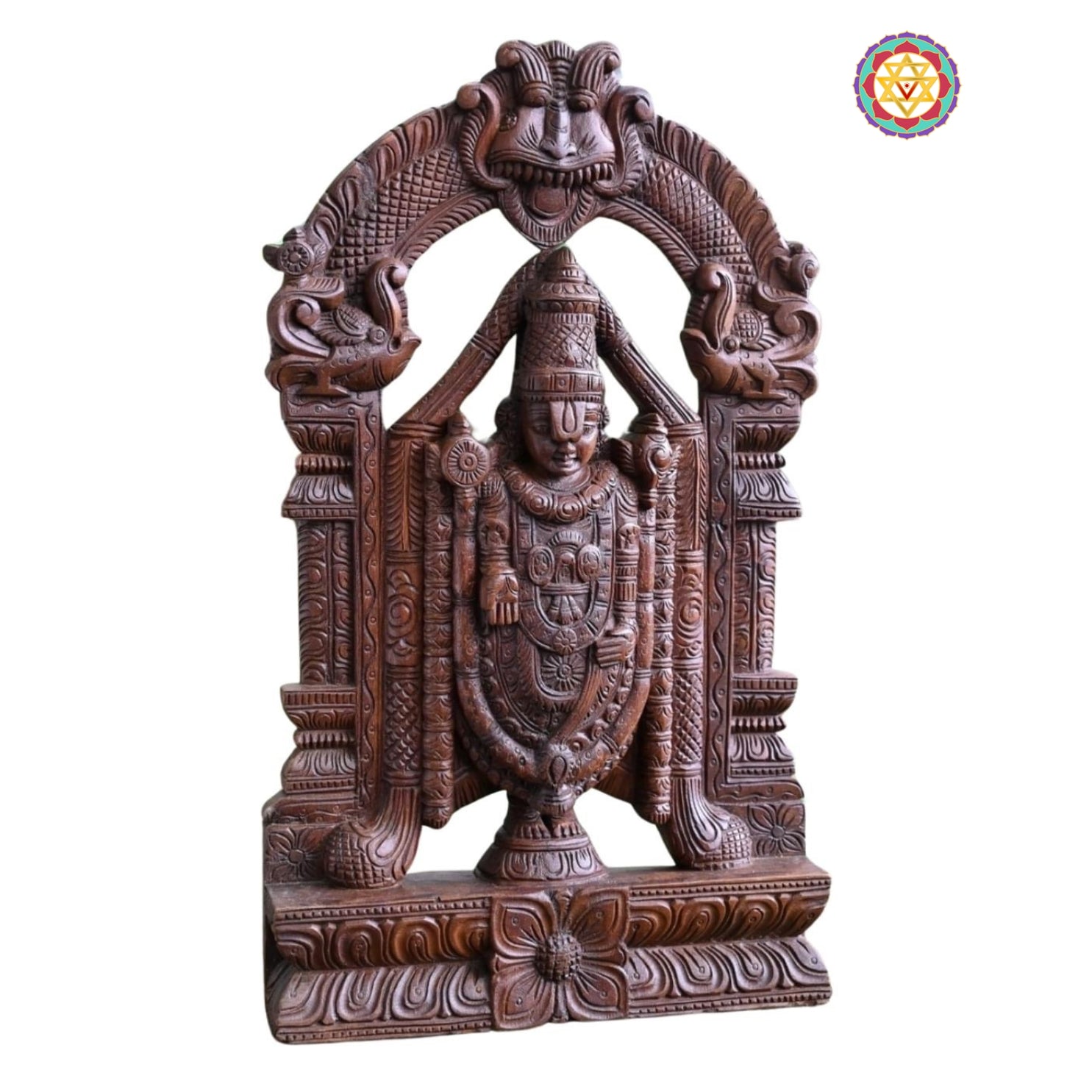 Rear view of Balaji sculpture showing halo and prabhavali craftsmanship — traditional Indian temple wood art