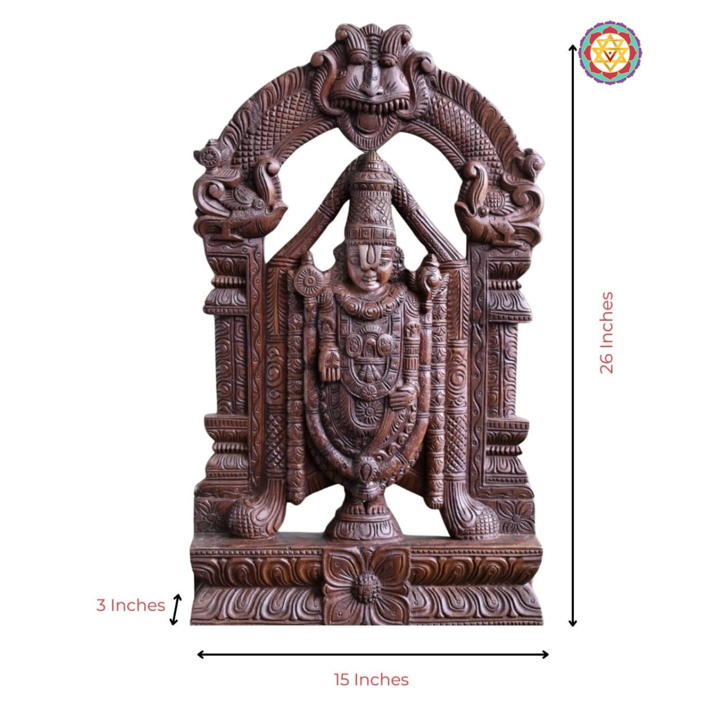 Angled view of carved wooden Tirupati Balaji figure with prabhavali — antique finish, devotional wall or pedestal decor