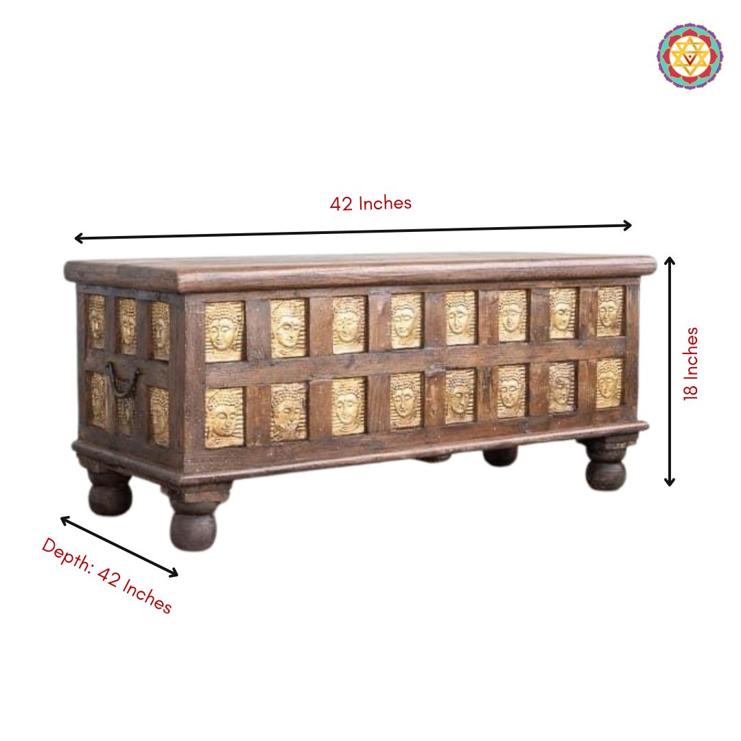 Angled view of wooden blanket box — teak wood trunk table with Buddha carving and traditional Indian craftsmanship