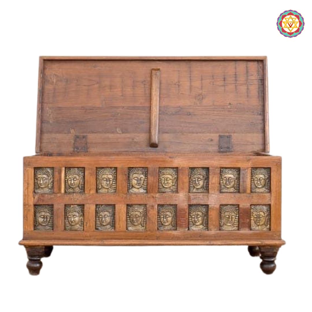 Front view of Buddha carved trunk box — intricate panel carving and smooth antique polish, handcrafted teak wood furniture