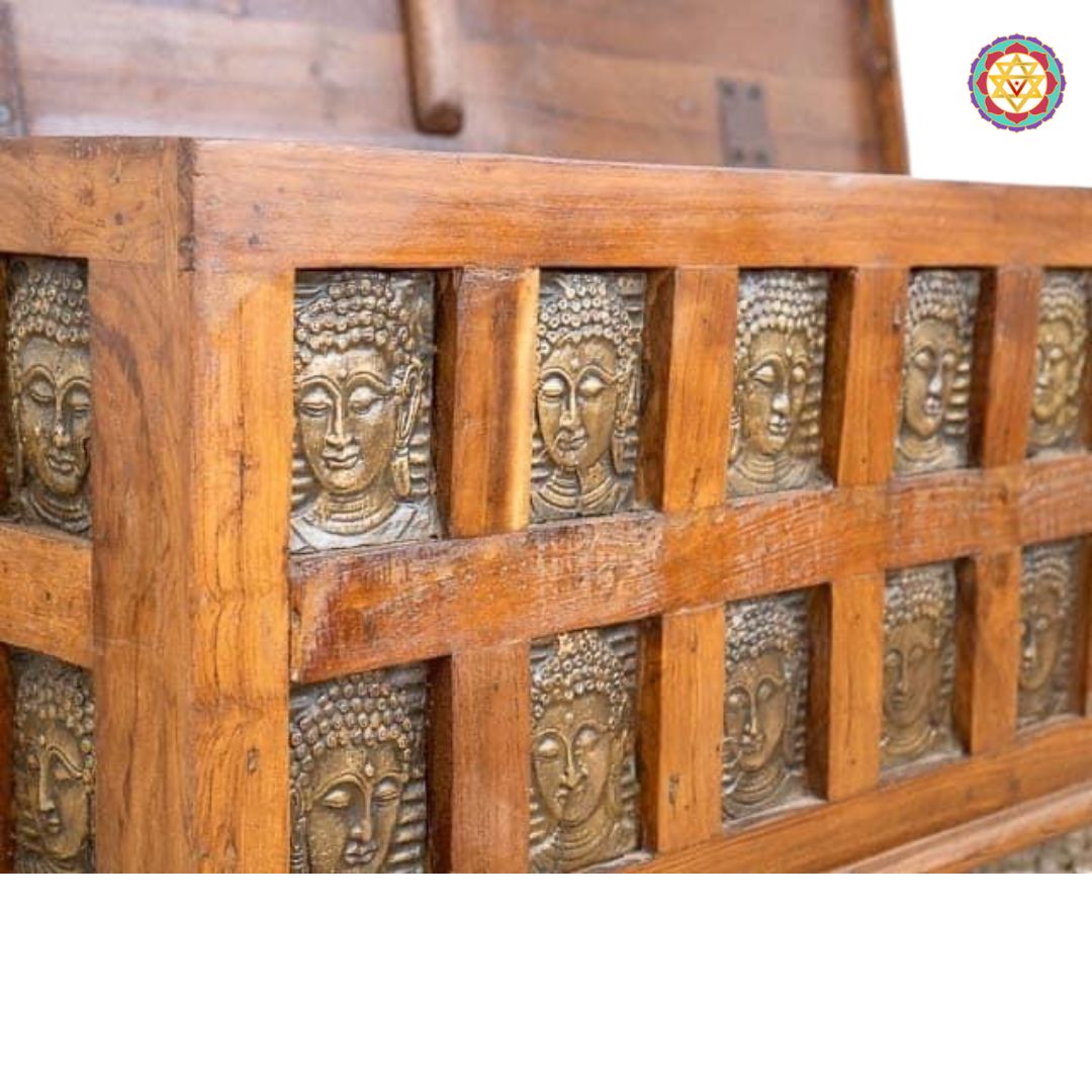 Side profile of wooden trunk table — antique polish finish and panel carving, functional decor piece for living rooms