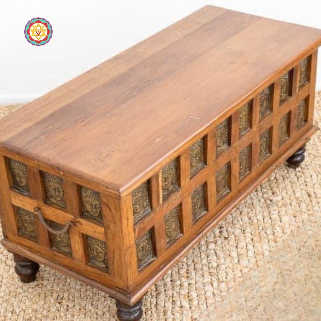 Top view of Buddha wooden trunk — carved surface design, handcrafted storage box with antique finish