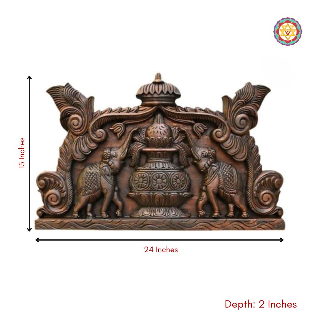 Side view of woodcarved Mangal Kalash decor — teak wood with elephant motifs, perfect for traditional home entryway styling
