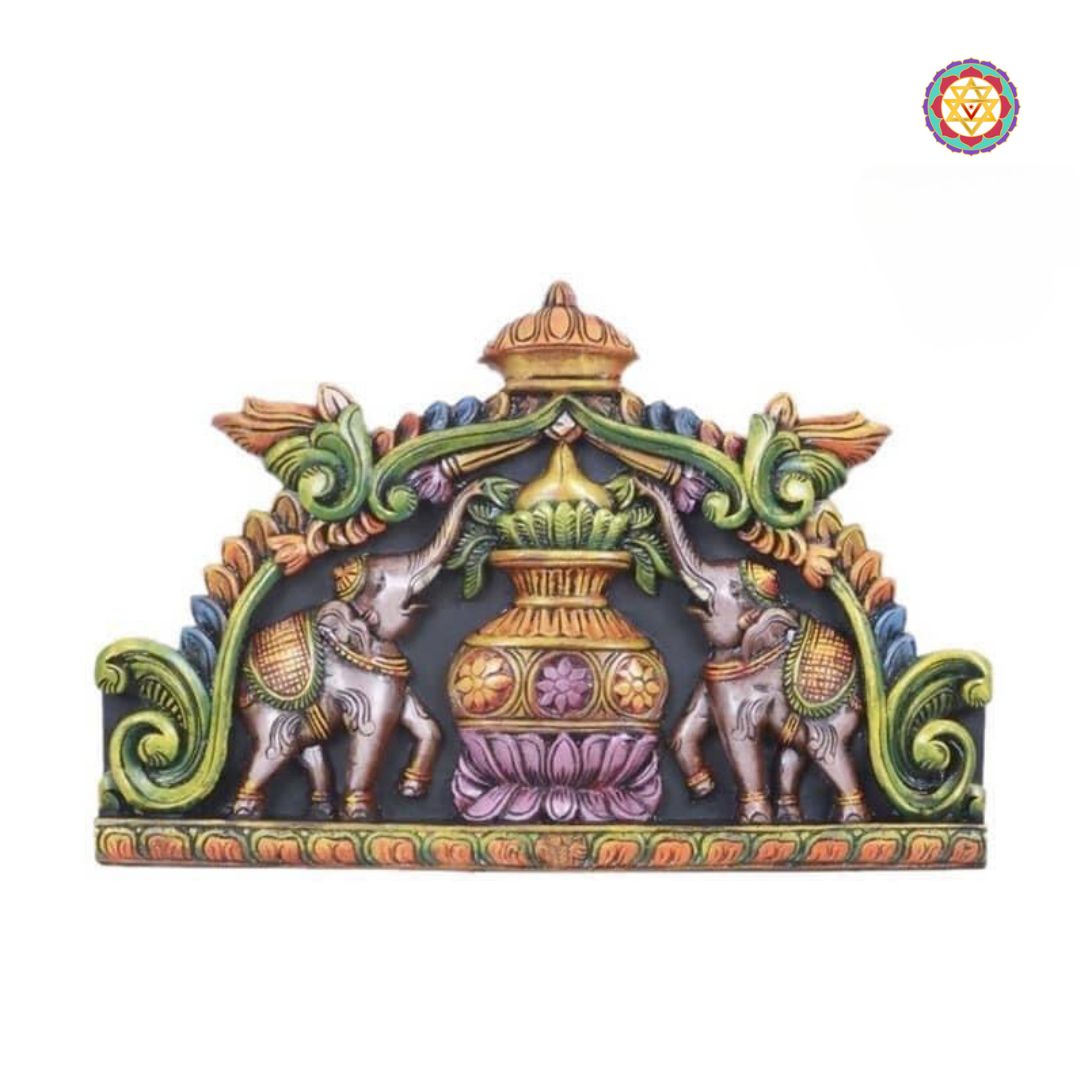 Front view of Mangal Kalash wooden carving with elephants — traditional temple-style decor, handcrafted antique polish finish