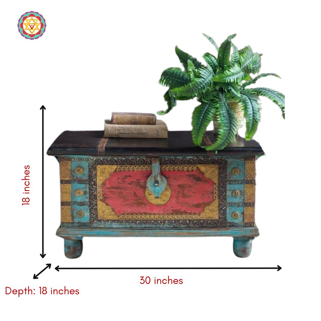 Detailed view of painted wooden trunk with brass accents — handcrafted heritage furniture for ethnic interior decor