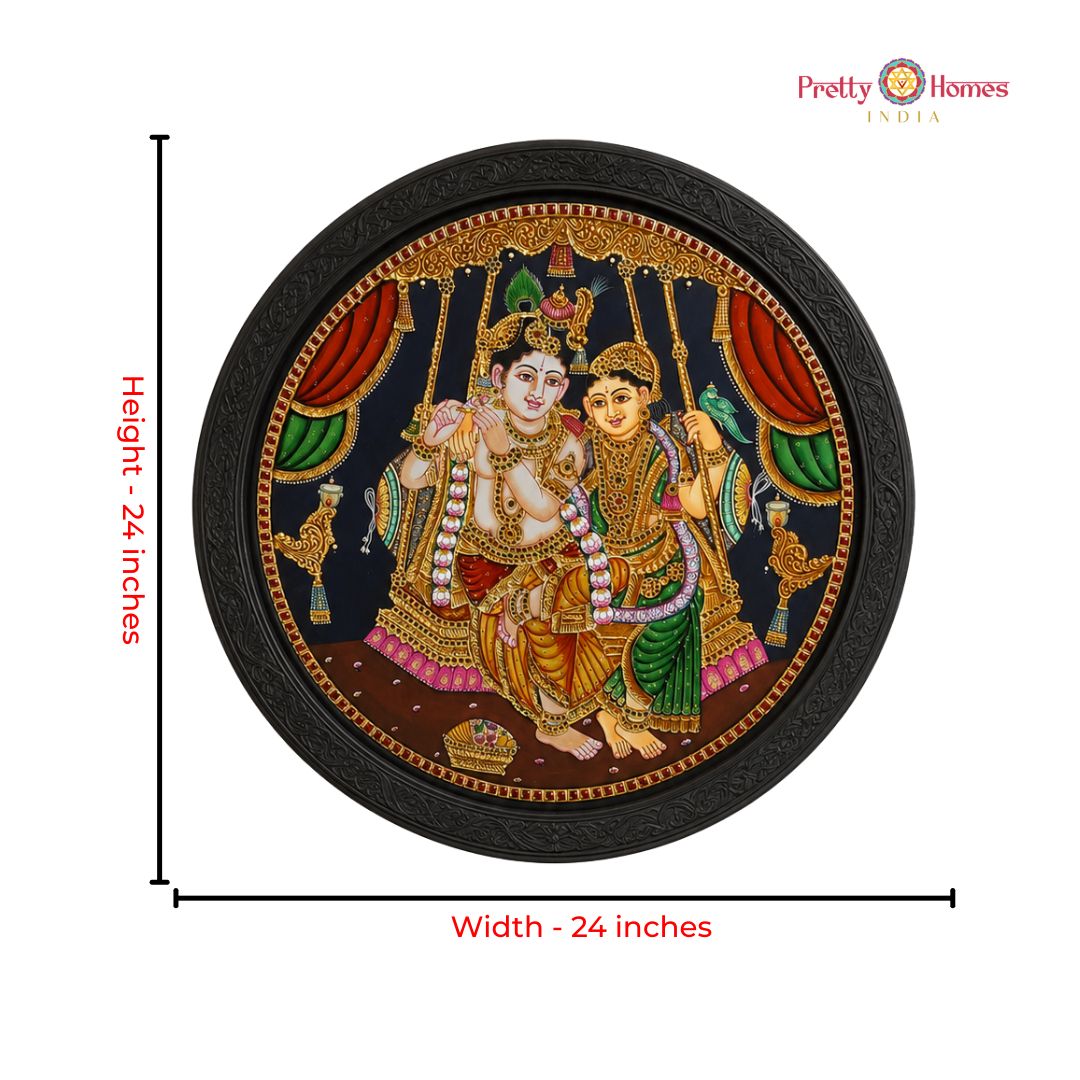 Handpainted Round Radha Krishna on Swing Tanjore Painting in Real Gold Foil