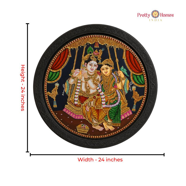 Handpainted Round Radha Krishna on Swing Tanjore Painting in Real Gold Foil