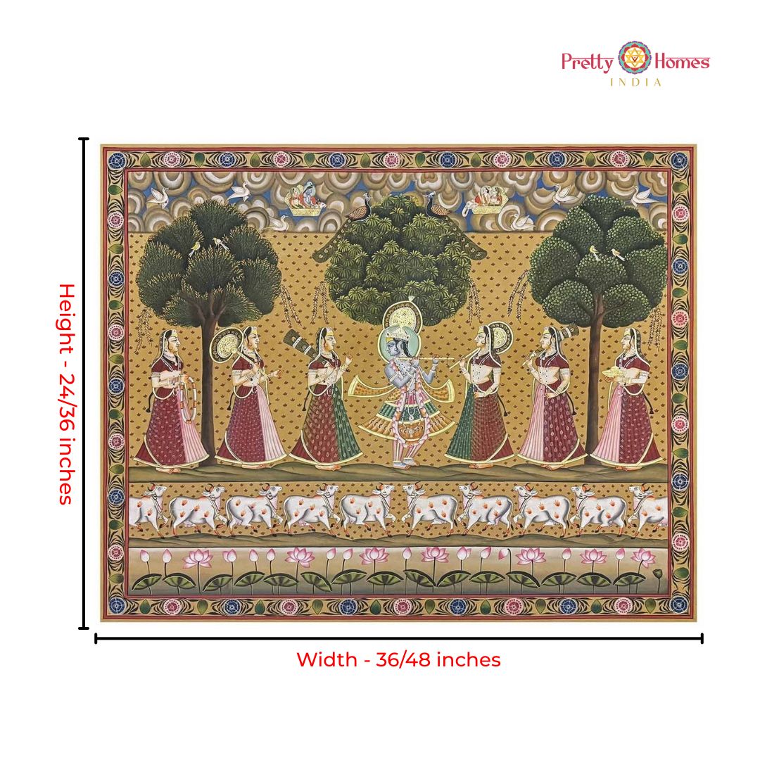 Handpainted Pichwai – Vintage Finish Krishna with Gopis in the Forest